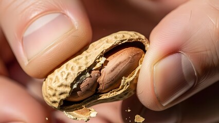 Close-up of fingers cracking open a peanut in its shell, revealing the kernel inside.