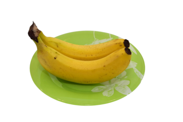 Two ripe yellow bananas lie on a green plate, which is isolated on a PNG background.