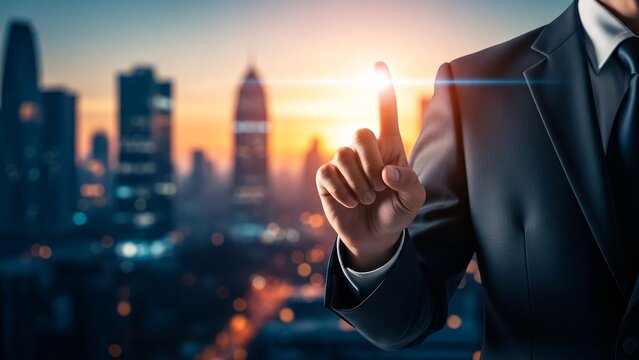 Businessman in a suit touching a virtual interface with a city skyline at sunset in the background representing technology innovation and corporate success - Powered by Adobe