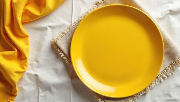 Bright yellow round plate rests on beige napkin over white cloth. Folded yellow fabric lies nearby. Top down view suggests food setup space.