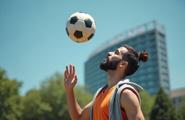 Young man plays soccer outdoors, tossing ball with hand. He wears casual sporty clothes, city building in background. Focus on athletic skill and concentration.