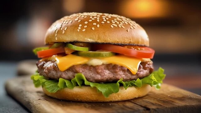 Delicious juicy cheeseburger presentation on rustic wooden board for culinary delight