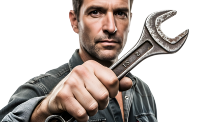man with wrench, Man Holding Old Hand Tool Isolated on White