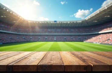 Empty wooden table in front of blurred soccer stadium with green field. Sun shines on empty seats in the stands under blue sky with clouds. Use this scene for product placement.