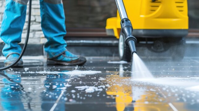 Professional Pressure Washing Service for Clean Outdoor Surfaces and Patios with Equipment and Detergents in Action