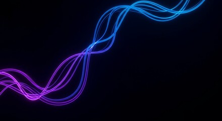 Abstract dark digital background featuring glowing blue and purple curved lines showing complex data routing or unpredictable paths in a network, swirling, background, science