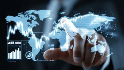 Global Business Analytics: A hand interacting with an interactive display of global markets, charting financial trends and representing business strategy and data visualization.  - Powered by Adobe