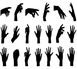 Fototapeta premium A collection of diverse black silhouette hand gestures displaying various poses and orientations against a white background