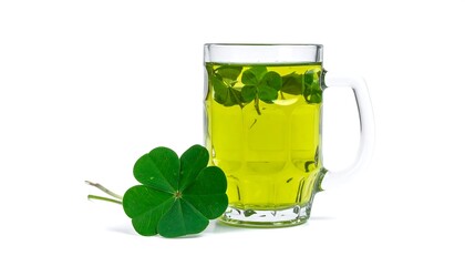 Refreshing Green Drink with Clover Leaf on White Background.