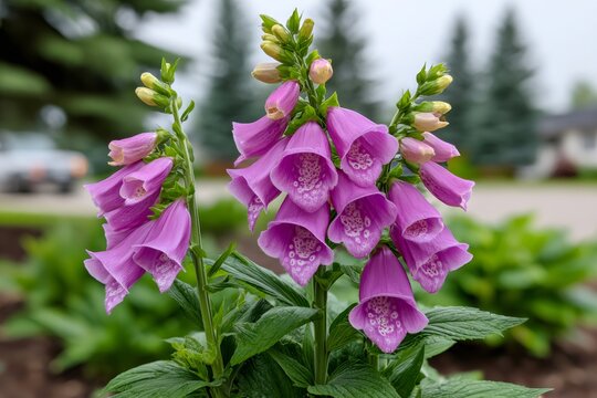 Purple foxglove flowers blooming in a summer garden