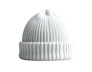 A white ribbed knit beanie with a cuffed brim, on black
