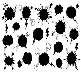 Collection of black comic book speech bubbles explosion bursts and lightning bolts on a white background