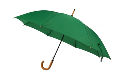 Green umbrella with wooden handle isolated on transparent background
