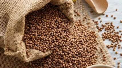 A rustic, top-down view showcases a bountiful spill of wholesome grains, specifically identifiable as buckwheat groats, flowing from a textured burlap sack onto a light, distressed wooden surface. Num