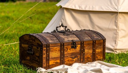 Antique wooden treasure chest placed in front of a tent outdoors.