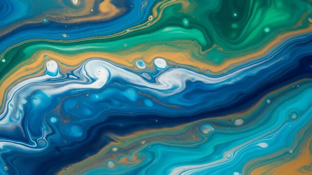 Vibrant Fluid Art Marble Pattern Texture Background with Blue Green White  Gold Swirls