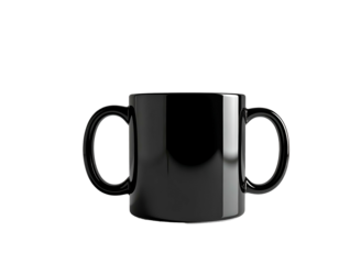 Sleek black double-handled mug, isolated on a deep black background