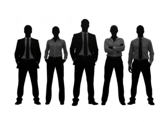 Five businessmen in silhouette standing in a row on transparent background