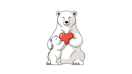 Mother Polar Bear Hugging Baby Polar Bear with Red Heart, Isolated on White, Line Art Illustration
