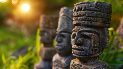 Fototapeta premium Three Stone Statues of Ancient Figures Surrounded by Lush Greenery and Dappled Sunlight in a Natural Setting