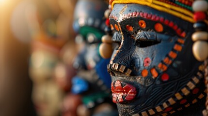 Obraz premium Colorful African Masks Displayed in a Vibrant Market Setting Highlighting Cultural Artistry and Craftsmanship