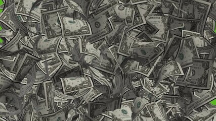 stacked dollar bills, One hundred dollar banknotes explosion green screen background 4k animation