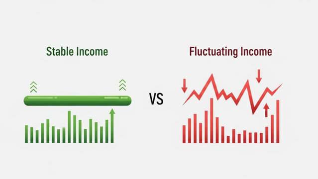Stable income versus fluctuating income illustrated by green and red graphs on white background for finance and business concepts with chart