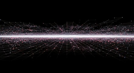 Ethereal grid structures forming a complex network across a dark void, illustrating vast interconnected systems and theoretical domains, diagram, holistic, abstract