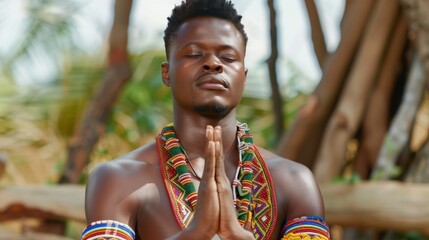 Young man practicing mindfulness and meditation in traditional attire with serene expression surrounded by nature