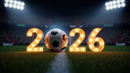 Soccer ball positioned in front of illuminated 2026 numbers on a vibrant green field, capturing the excitement of the upcoming international football tournament atmosphere
