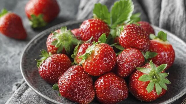 A vibrant close-up shot captures a bountiful arrangement of fresh, ripe red strawberries artistically presented on a dark, textured plate. Each succulent berry showcases its characteristic bright crim