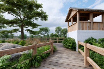 Wooden boardwalk leading to a nature park shelter