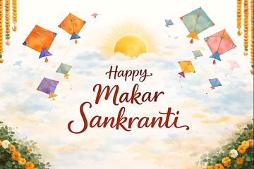 Makar Sankranti Illustration with Flying Kite, Tilgul and Pooja Thali