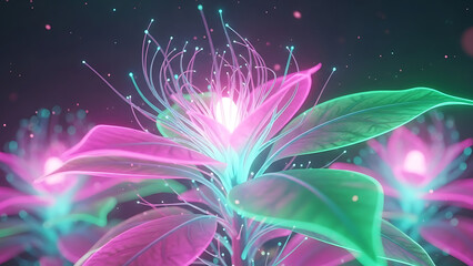 Enchanting bioluminescent flowers with glowing stamen and vibrant neon petals in a mystical realm