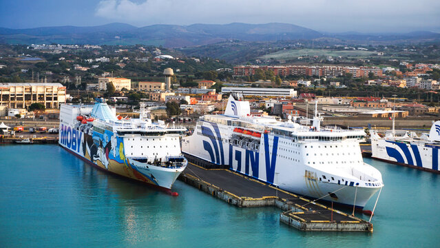 Civitavecchia, Italy- December 19, 2025: Cruise port, GNV ferry in the port of Civitavecchia, Italy