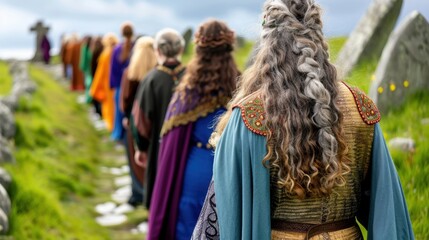 Fototapeta premium Ancient Gathering of Mystical Figures Wearing Colorful Garments in a Serene Natural Landscape