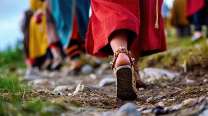 Group of people walking on a rocky path wearing colorful outfits and stylish sandals in vibrant nature setting