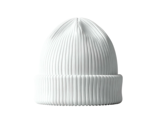 White ribbed knit beanie with a rolled brim on a black background