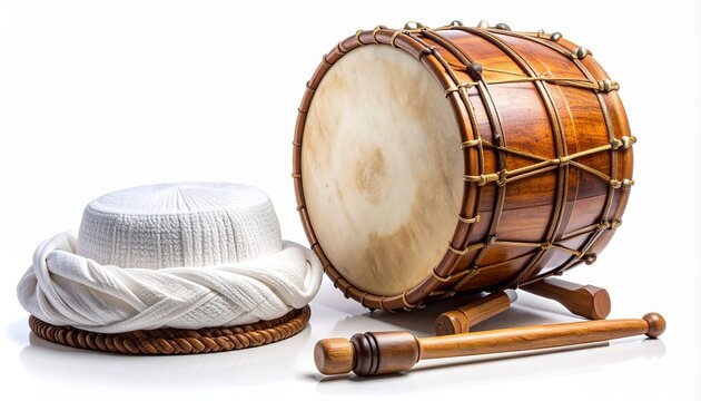 Traditional drum with cloth and drumstick on white background