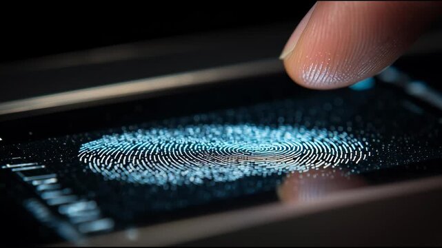 A close-up of a fingerprint scanning on a biometric security device, identity verification theme.