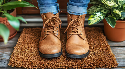 Modische Damenschuhe mit Jeans,Stylish brown boots on steps in casual setting