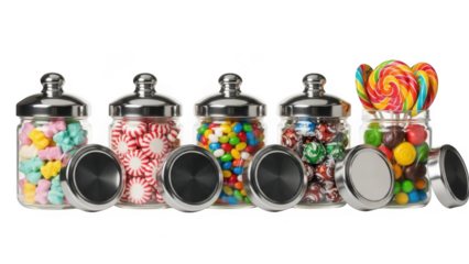Colorful candy jars with lids isolated on transparent background