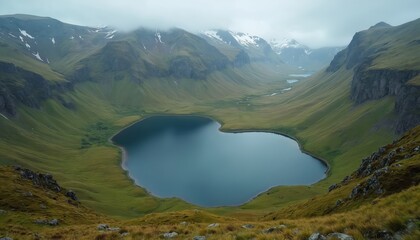 Heart shaped lake rests in green mountain valley under cloudy sky. Clear blue water reflects surrounding high peaks, grassy slopes. Scenic natural landscape offers remote wilderness escape, peaceful