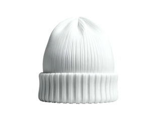Crisp white ribbed knit beanie, folded brim, against black (1)