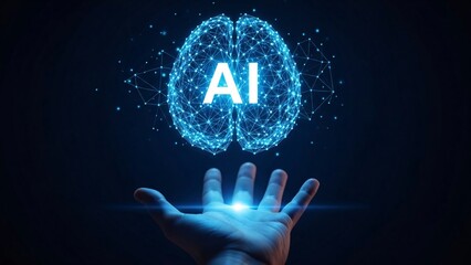Futuristic Artificial Intelligence Concept with Digital Brain and AI Text Hovering Over a Hand in a Dark Technological Environment for Innovative Technology Applications
