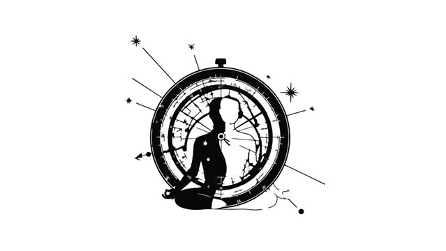 Silhouette of a person in meditation within a cosmic compass, representing inner peace and spiritual journey.