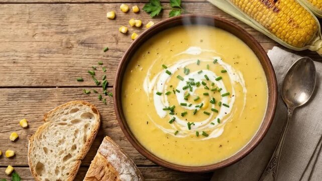 An inviting overhead shot captures a steaming bowl of golden corn soup, beautifully garnished with a swirl of fresh cream and vibrant green chives, exuding warmth and comfort. The rich texture and app