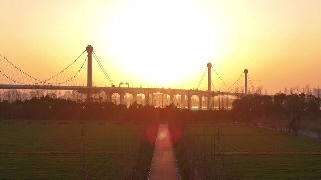 Suspension bridge and tree-lined pathway silhouetted against a golden sunset glow