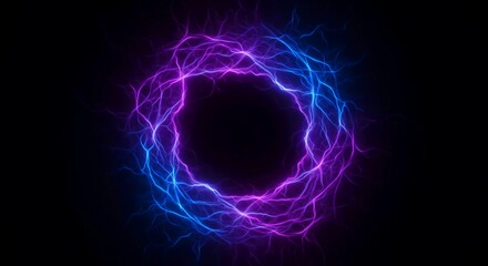 Deep purple and glowing blue electric plasma light flows creating an abstract vortex pattern on a dark background, dark, physics, abstract
