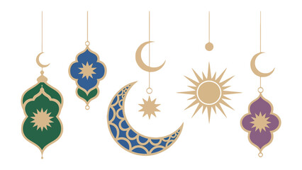 Ornate Celestial Ornaments: Delicate gold-toned hanging ornaments in the form of crescent moons, stars, and suns. Displaying intricate details and evokes a sense of wonder and enchantment. 